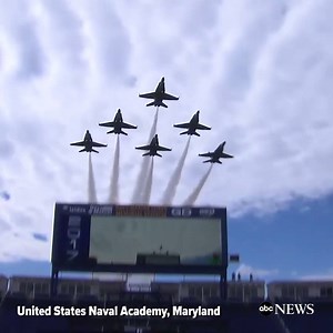 U.S. Navy Blue Angels fly over the United States Naval Academy graduation ceremony in Annapolis, Maryland. | 21Alive