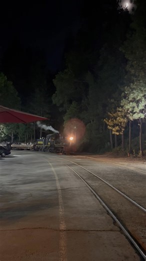 The Moonlight Special arrives at the Yosemite Mountain Station under a half moon night sky. 7/2/25 | Yosemite Mountain Sugar Pine Railroad