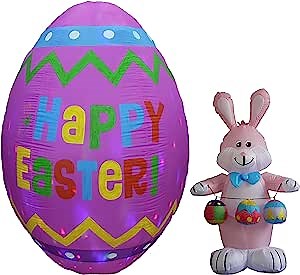 Two Spring Party Decorations Bundle, Includes 6 Foot Tall Lighted Happy Easter Inflatable Egg, and 4 Foot Tall Easter Inflatable Bunny with Color Eggs Blowup