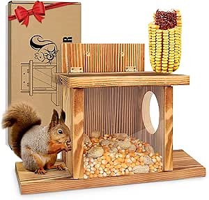 Carbonized Wood Squirrel Feeder, Squirrel Feeders for Outside Winter, Durable Squrrill House Box Easy to Fill with Removable Front Panel, Wooden Chipmunk Feeder for Corn, Peanuts