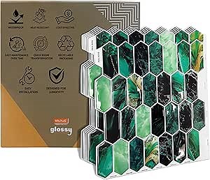 WALPLUS Premium 6 Sheets Peel and Stick Kitchen Backsplash Tile Stickers Self Adhesive Stick on Subway Tile 12" x 12" Bathroom Splashback Water Heat Resistant 3D Wall Tiles Green Marble Hexagon