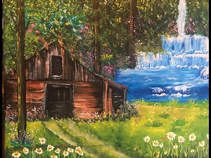 Learn to paint a Landscape "An Old Barn and Waterfalls" with Acrylic Paint for Beginners Step 2