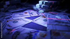 American dollars checked by the UV light detector. Searching for fake money. 4K