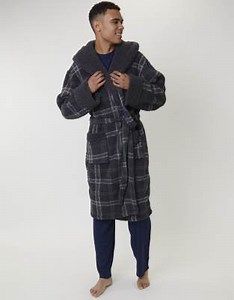 Loungeable Men's robes sherpa check hooded robe in grey | ASOS