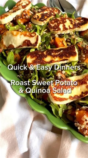 QUICK & EASY DINNERS ~ ROAST SWEET POTATO & QUINOA SALAD WITH GRILLED HALOUMI & A MINTY VINIAGRETTE ~ @whatspruecooking The simplest of salads paired with a flavour packed dressing are often the best. This Roast Sweet Potato & Quinoa Salad with Grilled Haloumi & a Minty Vinaigrette is the perfect Spring/Summer Quick & Easy Dinner. It comes together easily in about 40 minutes but if you’re wanting to save time, you can roast the sweet potato and cook the quinoa ahead of time, taking down to a 15-