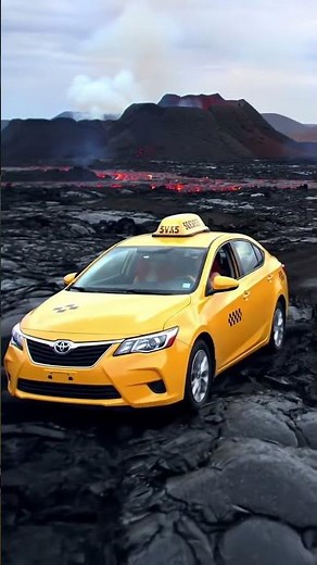 Yellow Taxi Cab in a Volcanic Obsidian Landscape