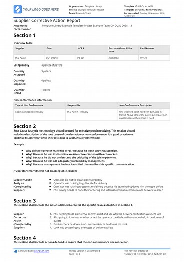 Supplier Corrective Action Report Template and Example