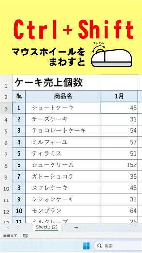 【Ctrl】+【Shift】+マウスホイールをまわすと…。左右にスクロールすることができます！ #excel #パソコン上達 #パソコン初心者