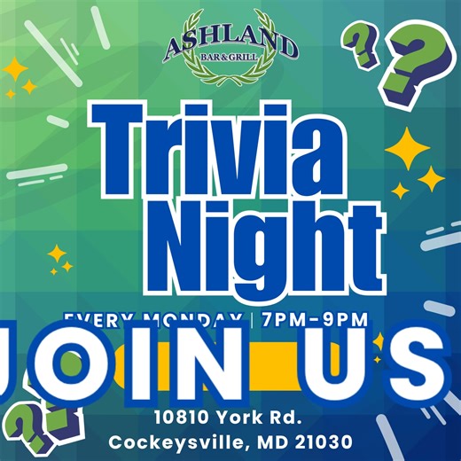 🧠✨ Trivia Night Every Monday! ✨🧠 Think you’ve got what it takes? 💡 Grab your crew and join us at Ashland Cafe for a fun night of trivia, prizes, great eats 🍔, and cold drinks 🍻! 📅 Every Monday ⏰ 7 PM – 9 PM 📍 10810 York Rd, Cockeysville, MD 21030 Who will be crowned the next trivia champ? 🏆 #TriviaNight #AshlandCafe #MondayFunday #CockeysvilleEvents #GameNight #TriviaTime #FoodAndDrinks | Ashland Cafe Restaurant
