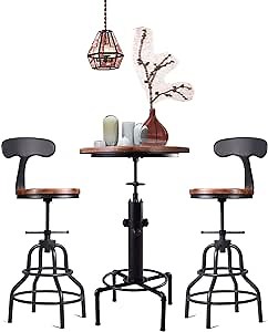 3-Piece Fire Hydrant Table & Chair Sets for Pub Bar Party Bistro Cafe Cocktail, Weld Metal Legs Round Wood Top, Rustic Brown Industrial Black Adjustable Swivel (1×32.3"-36.2" Table, 2×20"-27" Stool)