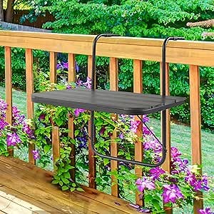 Balcony Railing Table Hanging Folding Deck Railing Table Outdoor Balcony Bar Tables for Railings Hanging Patio Adjustable Aluminium 23.6"(L) x 15.7"(W) All Weather Black