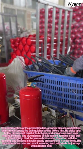 factory vlog worker applying hot glue and inserting valve on fire extinguisher