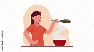 woman cooking with pan character animation