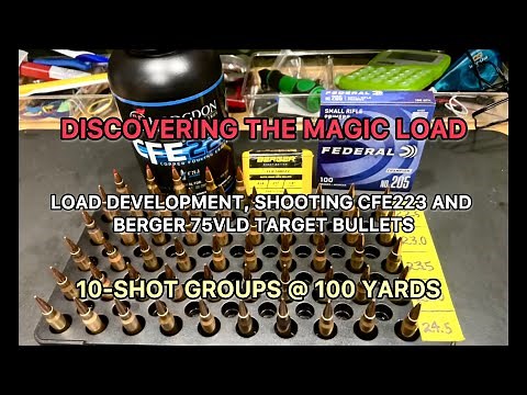 Load development, shooting CFE223 with Berger 75 VLD target bullets. 10-Shot Groups @ 100 yards