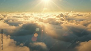 Motion animation of flying through the clouds at sunrise. Beautiful sunset sky above clouds. Abstract spiritual background. Religion and heaven