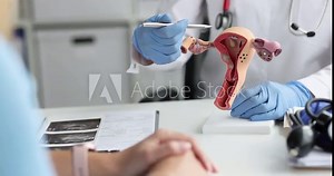 Doctor gynecologist explaining to woman patient female diseases on plastic model of uterus and ovaries in clinic 4k movie. Diagnostics and treatment of gynecological pathology concept