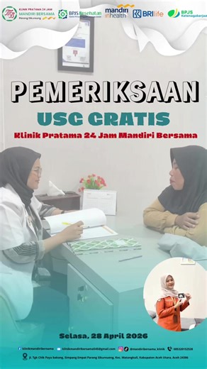 Halo Sahabat KMB Ayooo lakukan pemeriksaan USG Gratis di Klinik Mandiri Bersama, pemeriksaannya Gratis bisa di Fasilitas kesehatan dimana saja lhoo, cukup memastikan BPJS Aktif. Ibu hamil cukup membawa KK ( Kartu keluarga) , Buku Pink jika Sudah ada dan jangan khawatir bagi ibu hamil yang belum ada, Buku Pink sudah tersedia di Klinik Mandiri Bersama. Lihat Tumbuhnya, Jaga sehatnya 🤗 *Klinik Pratama Mandiri bersama* Melayani : Rawat Inap, Rawat Jalan, Mandiri Inhealth, BRIlife, BPJS Kesehatan & 