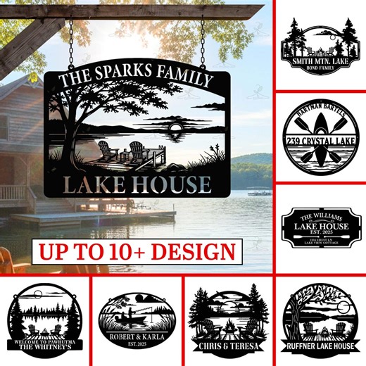 Custom Family Lake House Sign, Personalized Cabin Metal Wall Art, Outdoor Rustic Name Plaque - Etsy