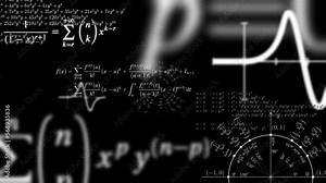 Maths animated overlay. Complicated calculations, hard to understand concept symbol. Black background messy formulas in high resolution for overlay