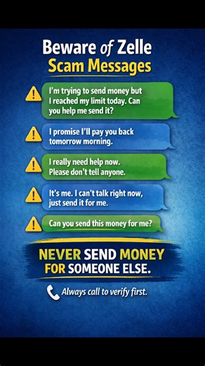 If someone asks you to send money through Zelle for someone else, stop. Scammers are hijacking accounts and using urgent messages to pressure kind people. 📞 Always call to verify first. ❌ Never send money based on a message alone. 👉 Please share to protect a senior today. #SeniorSafety #ZelleScamAlert #StopSeniorScams #FraudPrevention #SafeSeniorConnect | Safe Senior Connect