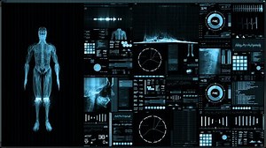 Blue futuristic patient monitor screen in perspective / Medical screen interface. Screen with various parameters measured. ST-segment and heart attack detection, pace-maker analysis, and arrhythmia an