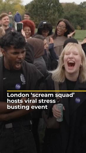Young people gathered in London for a collective “Scream Squad,” letting out a unified yell against the skyline. The viral event, inspired by social media trends, aims to release stress and connect strangers. | Al Jazeera English