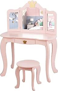 Costzon Kids Vanity Table and Chair Set, Princess Makeup Dressing Table with Drawer & Tri-Folding Mirror, 2 in 1 Vanity Set with Detachable Top, Pretend Beauty Play Vanity Set for Girls (Pink)