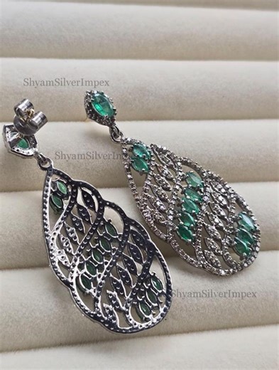 Natural Emerald Gemstone Earring, 925 Sterling Silver, Pave Diamond Earring, Handcrafted Women Jewelry - Etsy