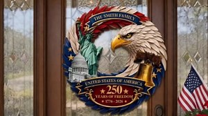 Personalized 250th Anniversary Eagle Wreath Sign & Commemorative Coin Combo, Custom Patriotic Wreaths for Front Door, 1776-2026 Wooden Door Hanger, 4th of July Decorations & Independence Day Gift