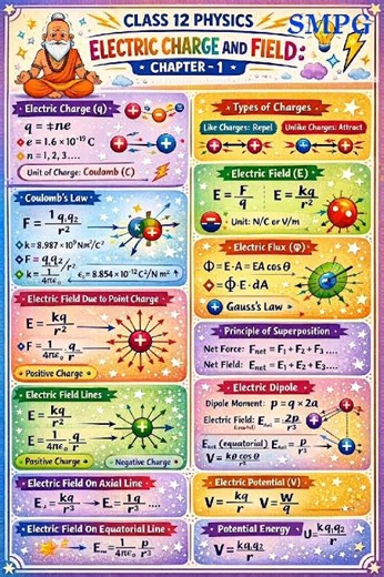 class :- 12 physics chapter:- 1 , electric charge and field ke important formula