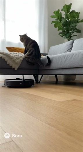 Robot vacuum enters frame — cat stares like it’s an alien, jumps on sofa #ytshorts #cat #funny