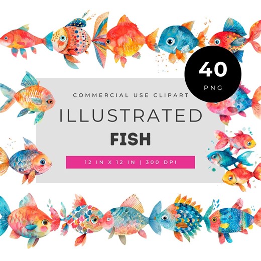 Illustrated Fish Clipart Collection, Colorful Hand Drawn Fish Artwork, Whimsical Marine Fish Illustrations Set, Decorative Fish Characters - Etsy