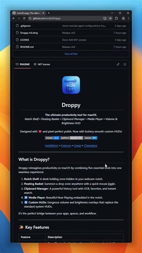 Droppy, the productivity tool for macOS! It combines FIVE tools into one slick package: Notch Shelf for hiding files under your webcam, a Floating Basket that pops up anywhere, and a Clipboard Manager that remembers everything you copy. New features? Check! A Media Player right in your notch and Custom Volume & Brightness HUDs that look WAY better than the default. #github #opensource