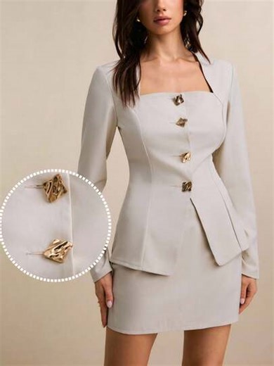 Poéselle Square Neck Blazer And Skirt Suit Set - Elegant Beige Two Piece Outfit With Gold Button Detail,Women's Solid Color Front Button Long Sleeve Jacket And Skirt Elegant Suit Set,Blazer Skirt Set,French Style Two-Piece Set, Suit Dress,Summer Set For Women,Elegant Two-Piece Set Women | SHEIN