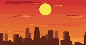 Retro pixel art. Game, city, sky, clouds, sun. Retro sci-Fi animation. Pixel art 8 bit vector