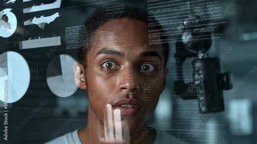 Focusing, tapping labtech on holo UI for study, charts expanding over face, probes at lips, camera