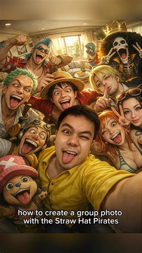 #capcut #capcutpioneer ultra realistic 9:16 vertical format fisheye selfie of me with one piece crew characters 1 we're all making silly and exaggerated wacky faces. set in a small, bright living room with tones. high camera angle. extreme fisheye distortion. realistic cinematic lightning, anime characters intergrated with stylized realism.#onepiece #fypシ゚