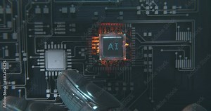Robot assembling AI cpu chip into circuitboard, Robot replacing cpu micro chip with AI neural network based on computer circuitboard