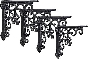 NACH Decorative Shelf Brackets, 4 Pack of 5 x 1.2 x 5 inch, Black Cast Iron Wall Shelf Brackets - Decorative Bookshelf Brackets - Victorian Style Shelf Bracket