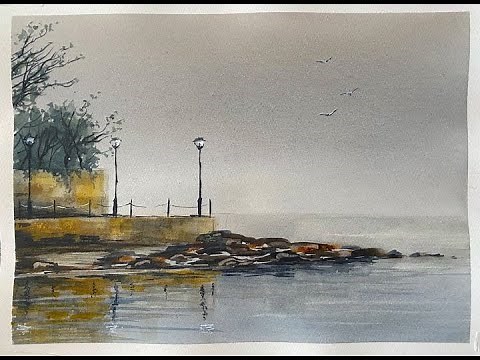 How To Paint A Loose Watercolour Misty Sea Wall Seascape Watercolor Landscape Tutorial for Beginners