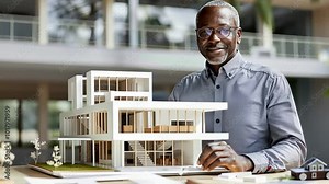 An architect showcases a detailed building model in a bright, modern workspace, highlighting innovative design and creative techniques in architecture