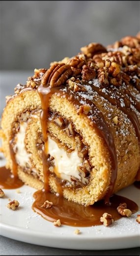 🍪 Pecan Pie Roll Cake | Gooey pecan pie swirl wrapped in the softest cake, with a caramel drizzle 🤎 This Pecan Pie Roll Cake is what you bake when you want that “everyone asks for the recipe” moment. It’s tender, buttery cake rolled up with a sticky-sweet pecan pie filling and a creamy whipped center that melts right into every slice. Each cut is pure bakery magic — soft cake, gooey brown sugar pecans, fluffy cream, and that final caramel drizzle that makes it feel extra special. Save this one
