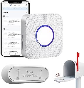 WiFi Mailbox Alert, Tuya Smart Mailbox Chime, 800ft Wireless Mailbox Alarm Outside Weatherproof with LED Light Flashing, Sound and Phone Reminders (only Supports 2.4GHz Wi-Fi)