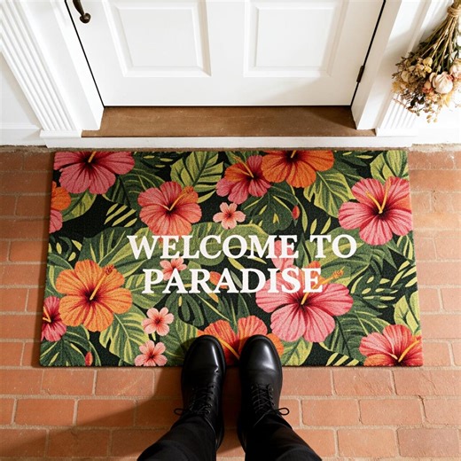 Welcome to Paradise Doormat,hibiscus Floral Welcome Mat,tropical Flower Entryway Mat,summer Porch Mat,coastal Boho Welcome Mat,colorful Mat - Etsy