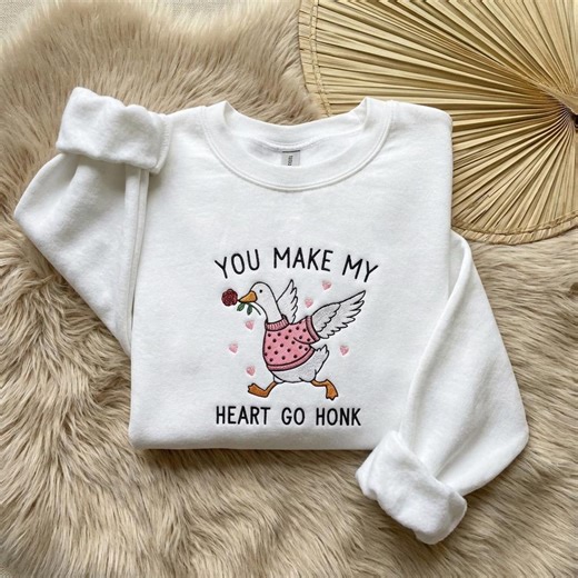 Embroidered Valentine Goose Sweatshirt, Valentines Day Sweater, Romantic Goose Hoodie, Embroidery Anniversary Gift - Etsy
