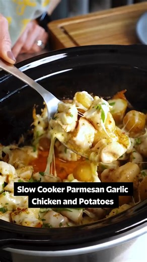 These Slow Cooker Parmesan Garlic Chicken and Potatoes are made with just four ingredients and take only five minutes to prepare! 😋 Get the full recipe in the comments below. | Allrecipes