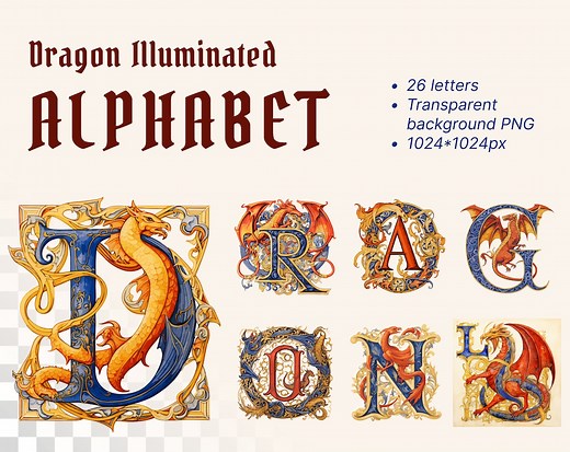 Dragon Alphabet | Transparent PNG Download | Illuminated Manuscript Letters | Gothic Initial Clipart | Medieval Printable | Commercial Use - Etsy