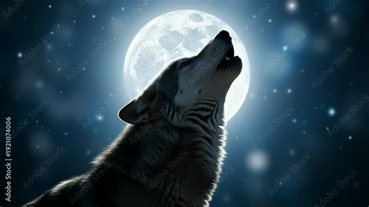 Wolf howling at full moon in starry night sky, mystical wildlife scene