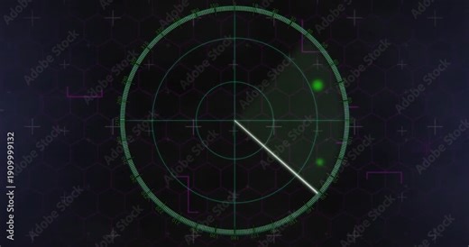 Central radar rotating clockwise, sweep arm passing green blip, signaling contact via pulse