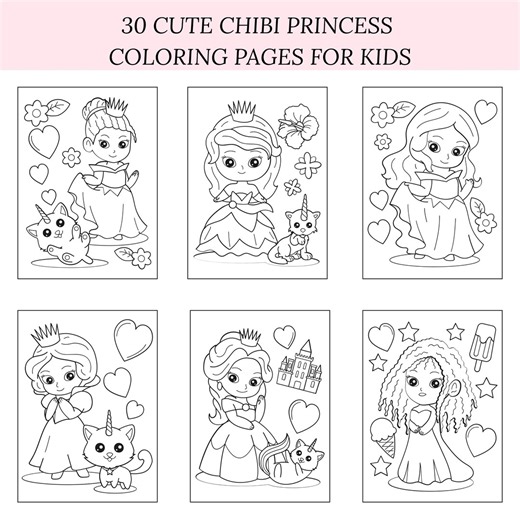 Chibi Princess Coloring Pages for Kids, Unicorn Cat Designs - Etsy
